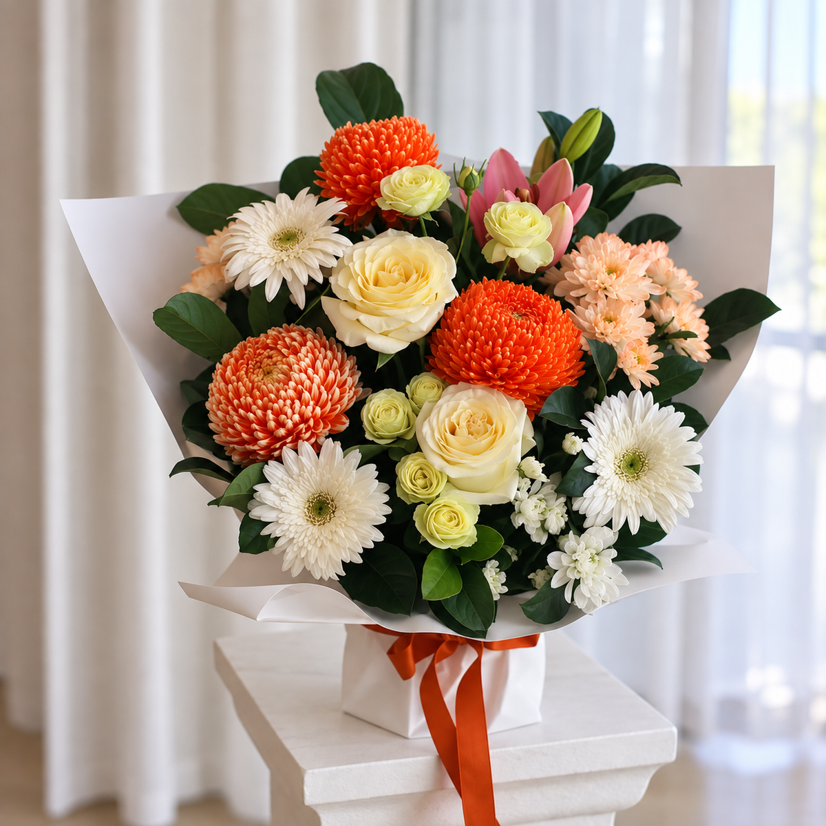 White, cream and orange hand-tied bouquet, by Abdo Florist Sydney