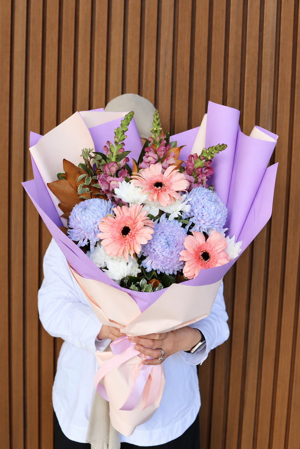 Pastel pink and lilac bouquet with gerberas and snapdragons, by Abdo Florist Sydney