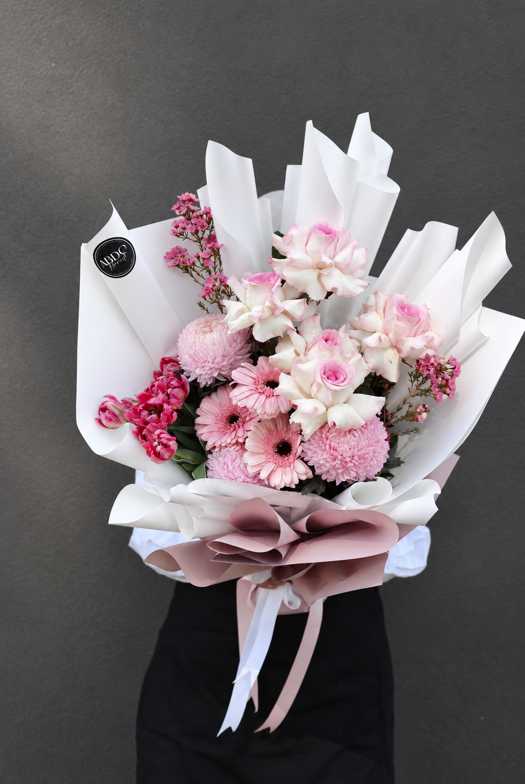 Blush rose, gerbera and tulip bouquet, by Abdo Florist Sydney