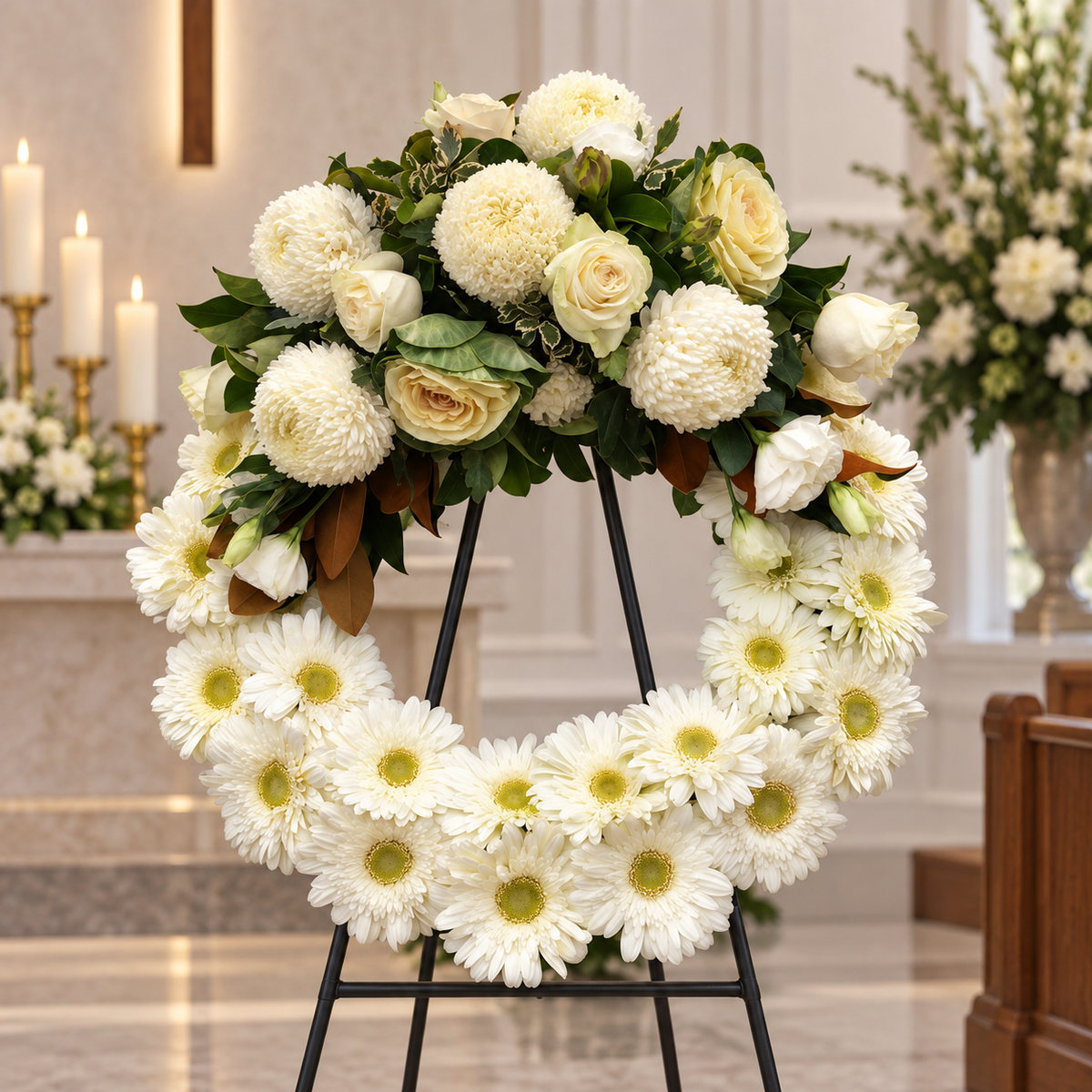 White gerbera funeral wreath, by Abdo Florist Sydney