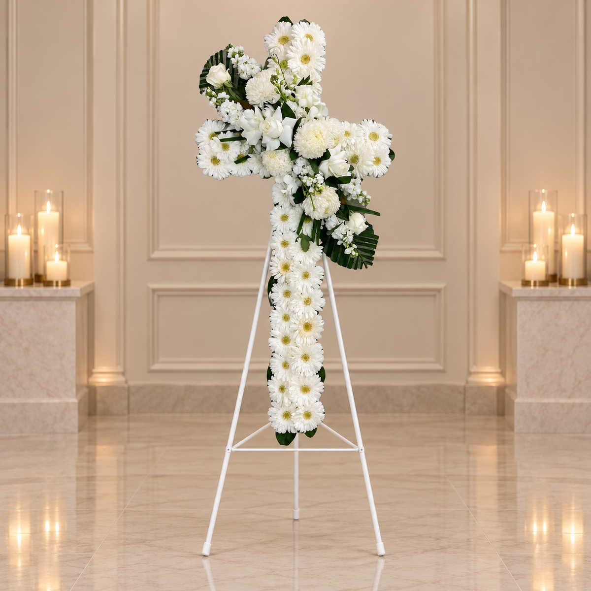 All-white funeral cross tribute, by Abdo Florist Sydney