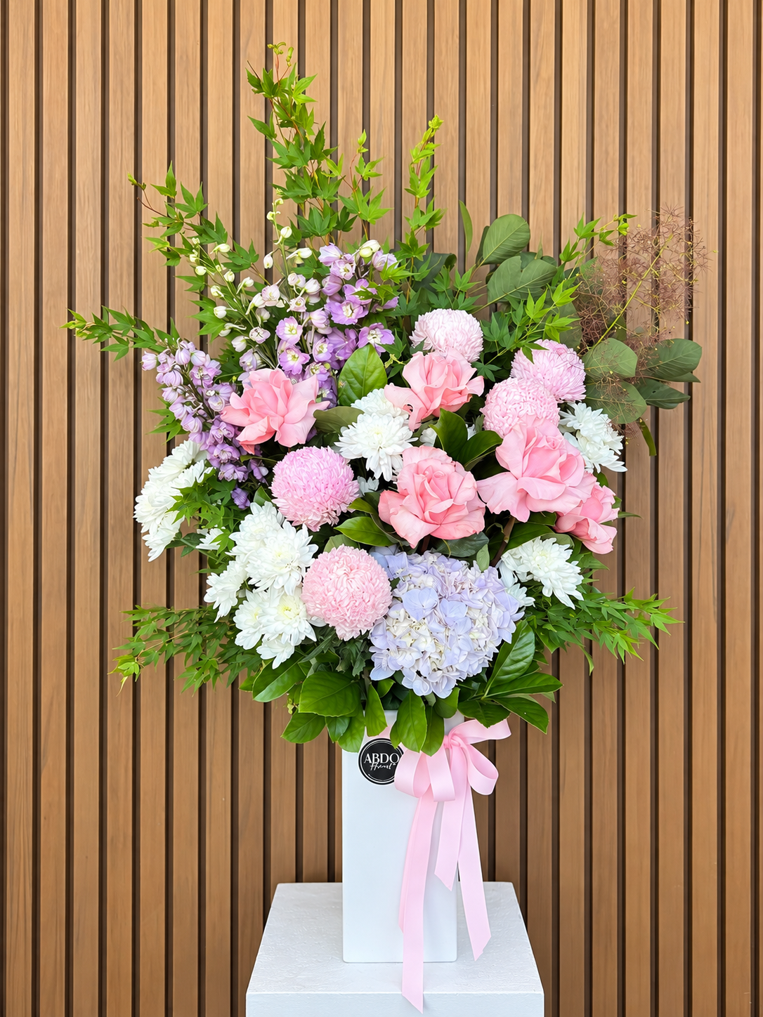Luxe pink, white and lilac vase arrangement with roses and hydrangeas, by Abdo Florist Sydney