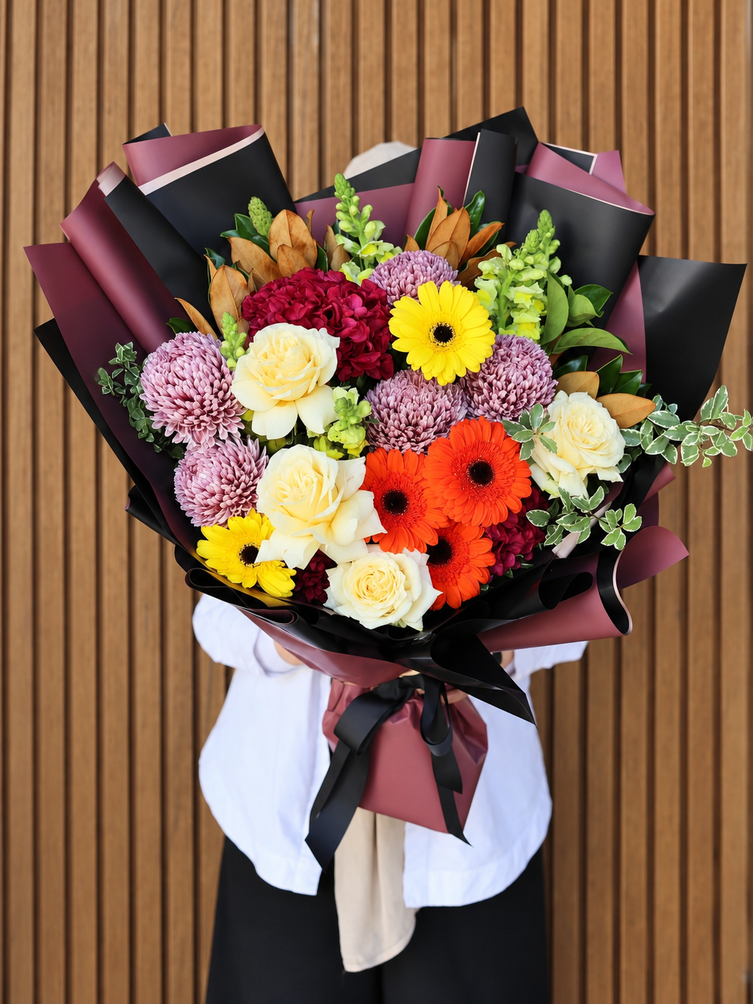 Autumn-toned bouquet with roses, gerberas and hydrangeas, by Abdo Florist Sydney