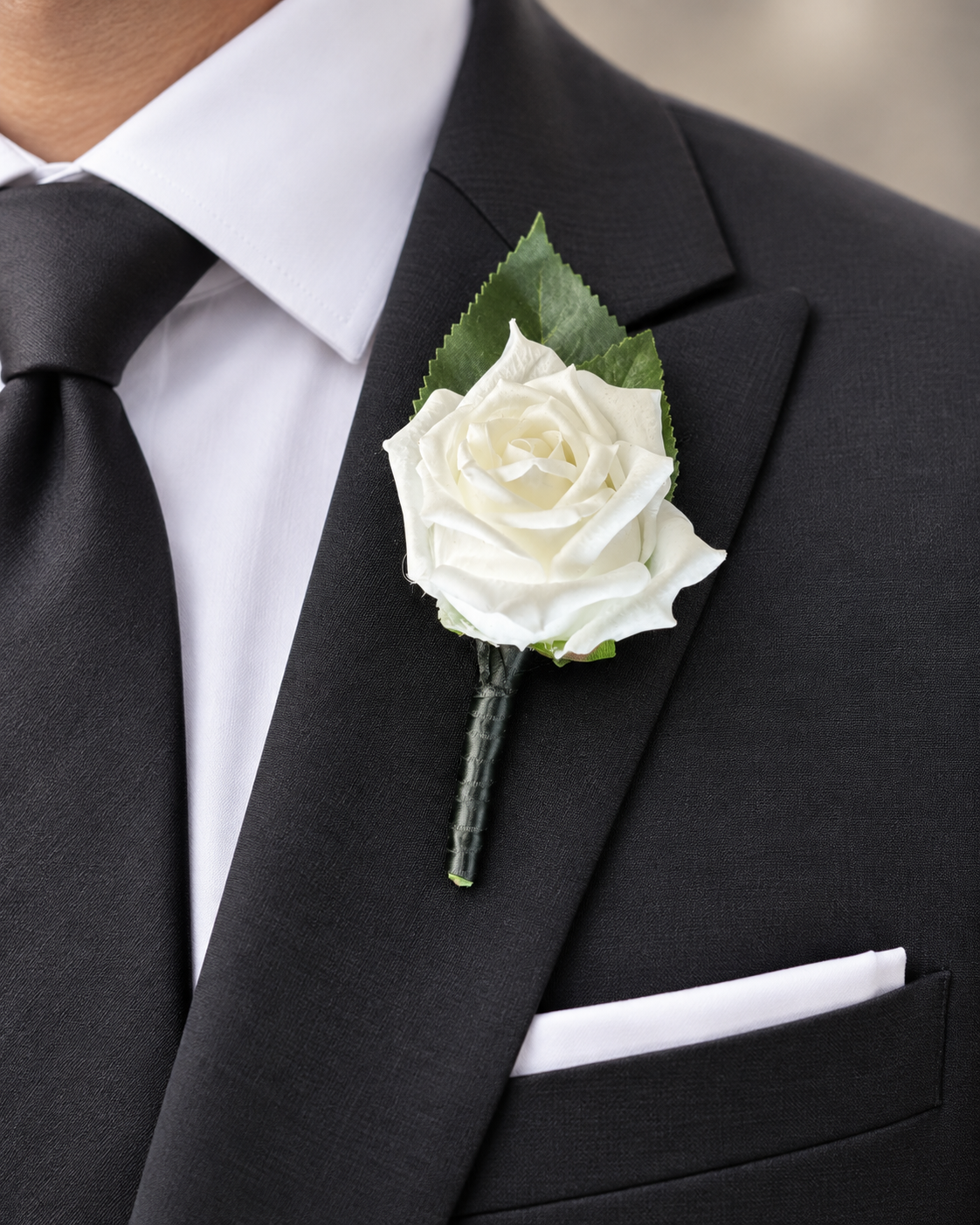 Single white rose boutonniere, artificial, by Abdo Florist Sydney