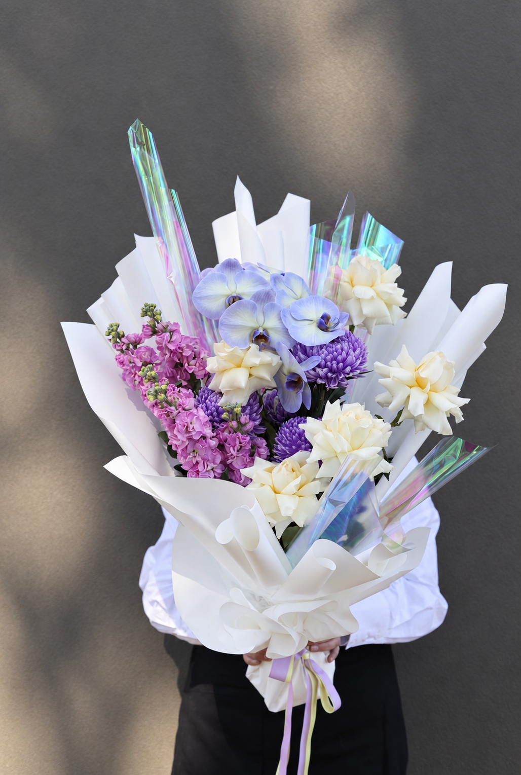 White rose and lavender orchid bouquet, by Abdo Florist Sydney