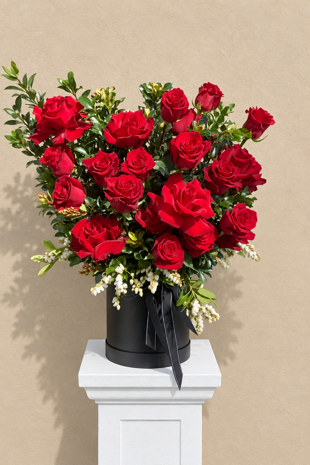 24 red roses in a black hatbox, by Abdo Florist Sydney
