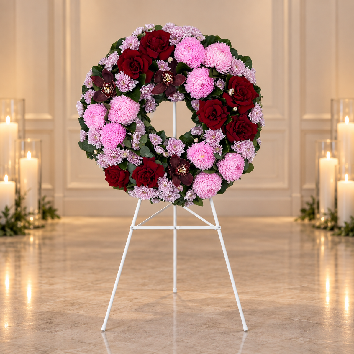 Pink and red cymbidium orchid funeral tribute, by Abdo Florist Sydney