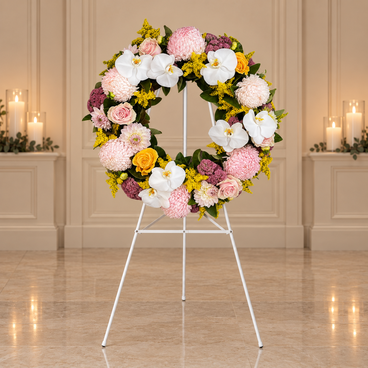 Yellow and pink orchid funeral tribute, by Abdo Florist Sydney