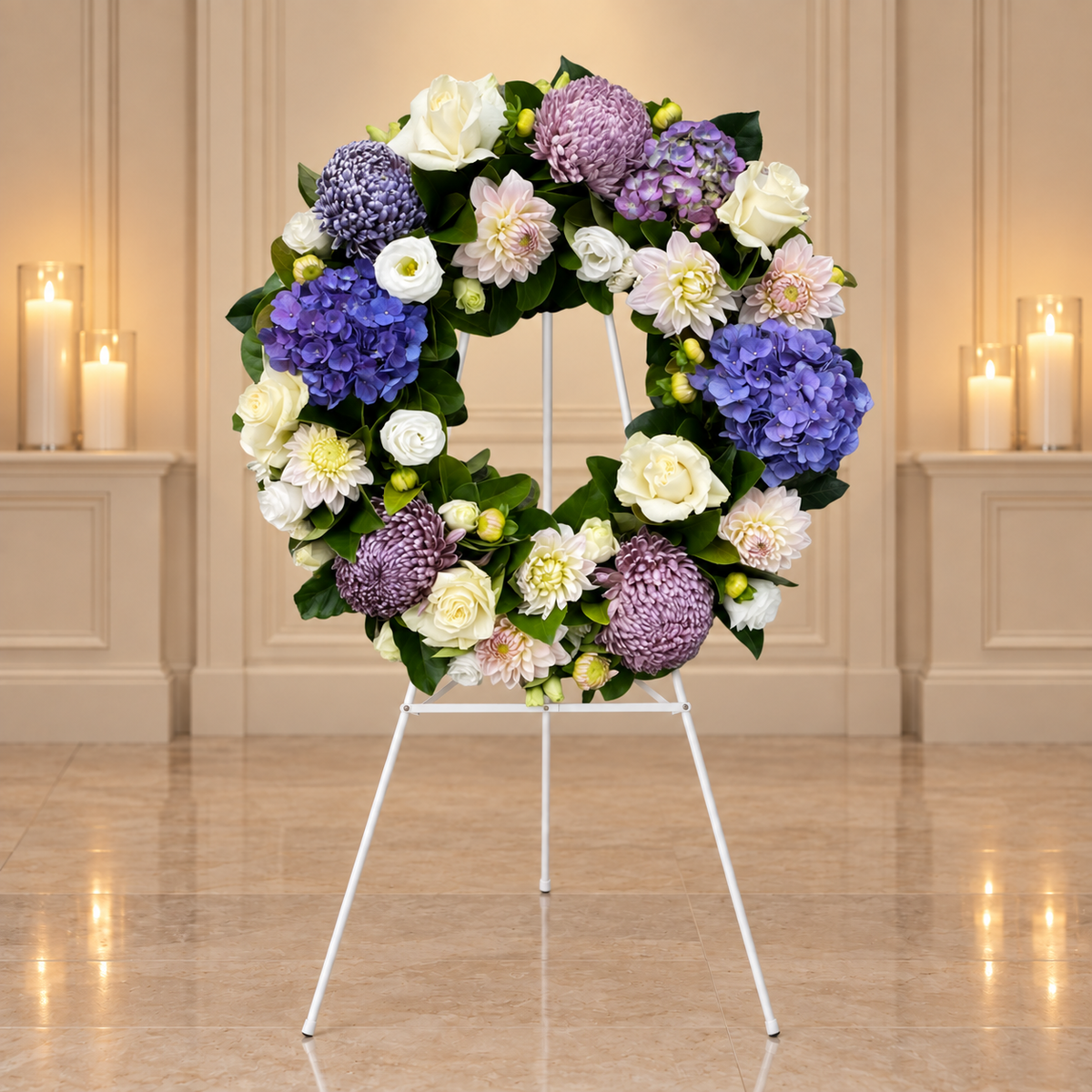 Purple and white funeral wreath, by Abdo Florist Sydney