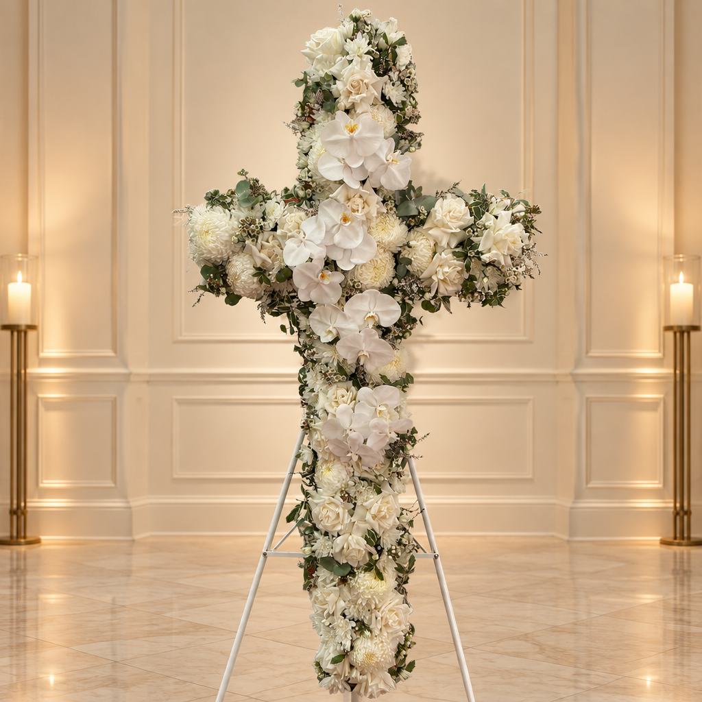 Luxe funeral cross tribute, by Abdo Florist Sydney