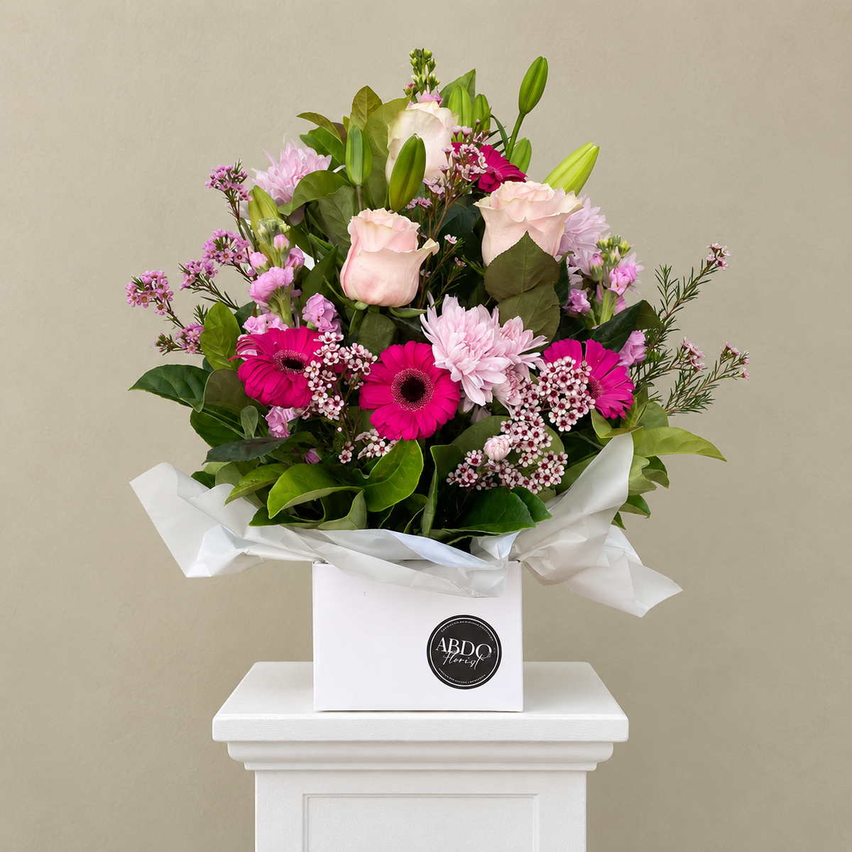Bright gerbera arrangement with seasonal blooms, by Abdo Florist Sydney