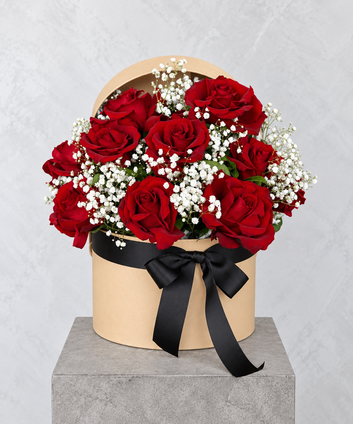 Red roses with baby's breath in a hat box, by Abdo Florist Sydney